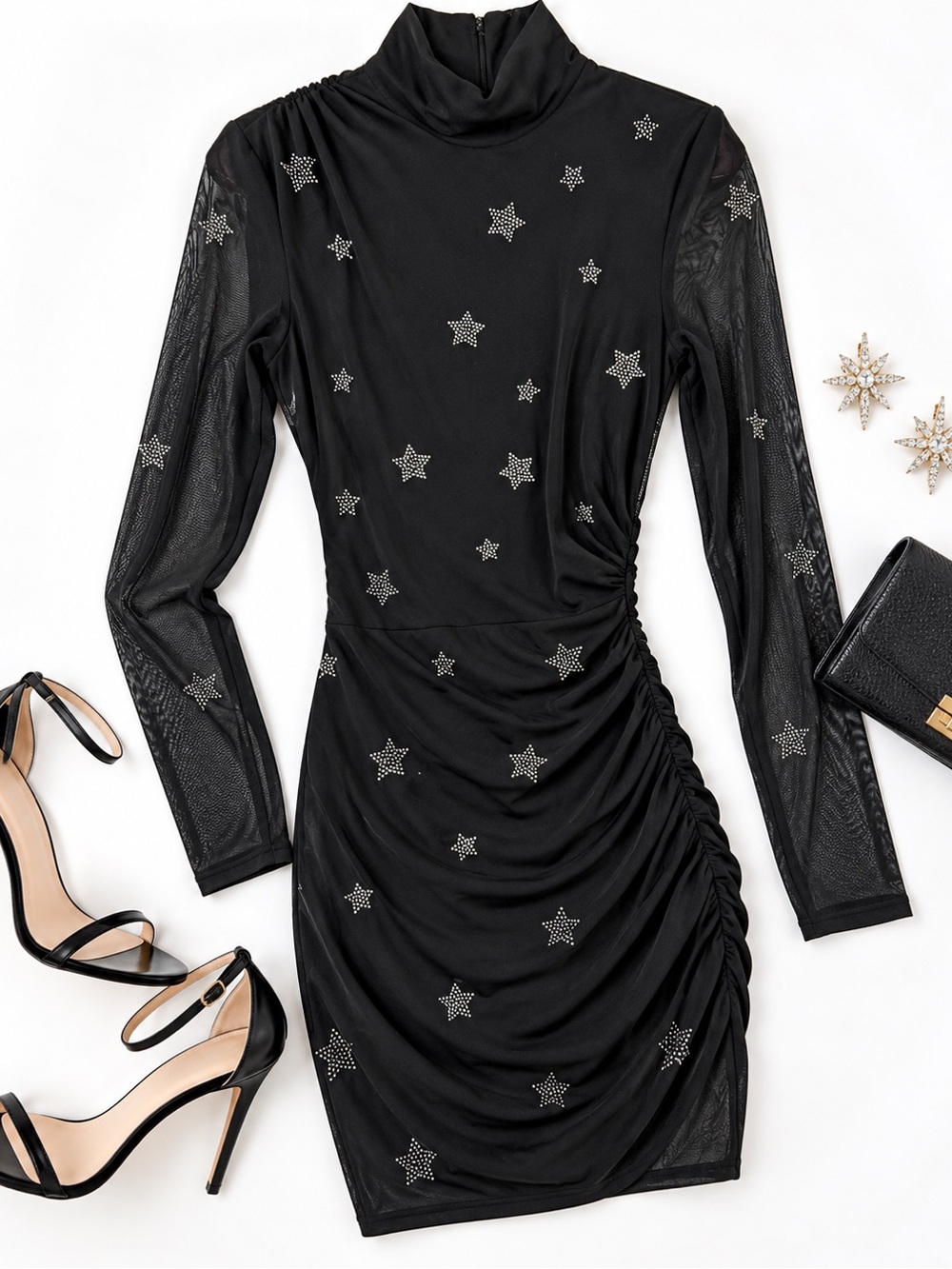 Cinq à Sept Black Rhinestone Star Ruched Mesh Mini Dress – Size 6